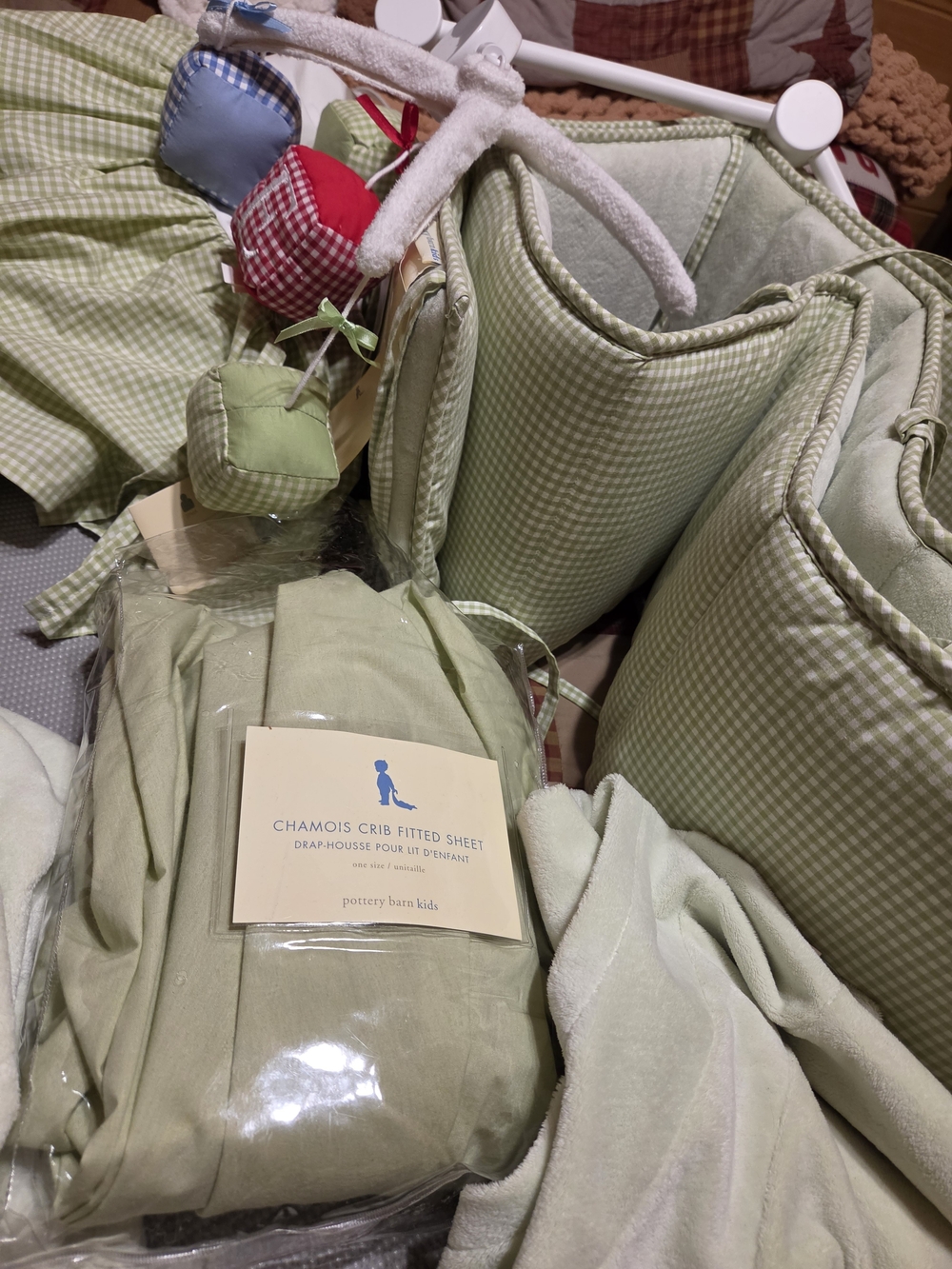 Pottery Barn Kids Light Green Chamois Crib Sheet & Nursery Set